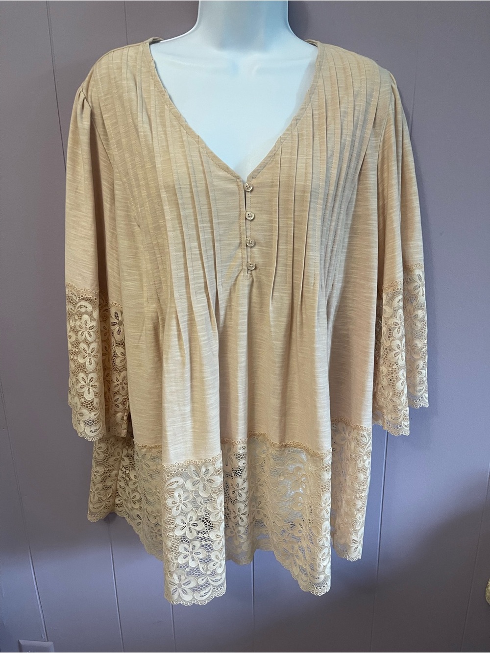 Roaman's Cream Pleated V-Neck Tunic with Lace Trim